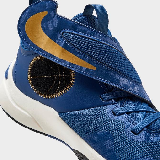 Front view of Big Kids' Nike Team Hustle D 11 Stretch Lace Casual Shoes in Mystic Navy/Black/Pale Ivory/Metallic Gold Click to zoom