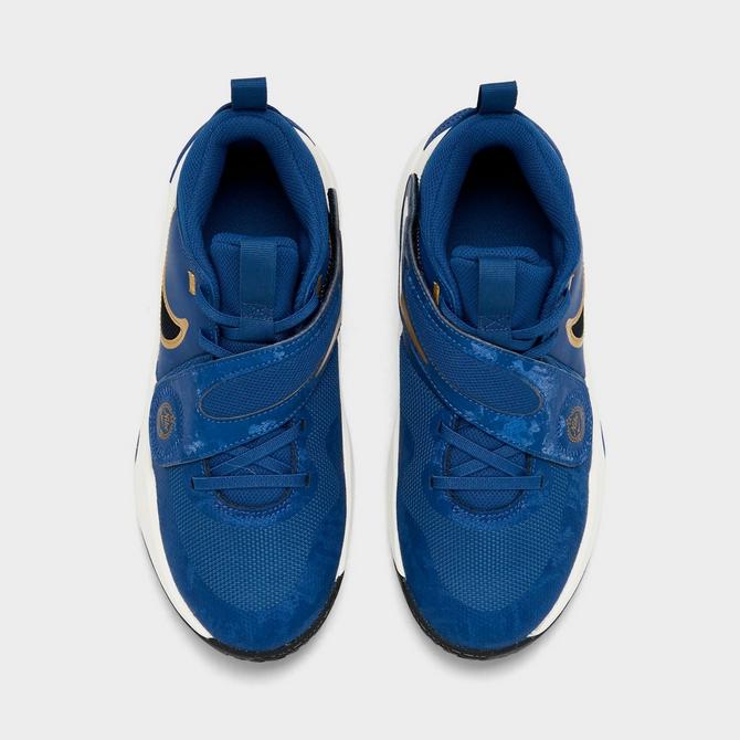 Back view of Big Kids' Nike Team Hustle D 11 Stretch Lace Casual Shoes in Mystic Navy/Black/Pale Ivory/Metallic Gold Click to zoom
