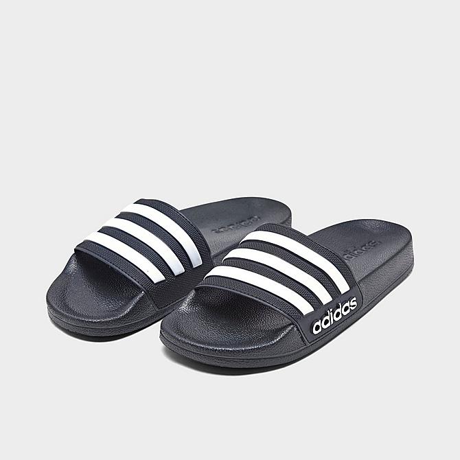Three Quarter view of Little Kids' adidas Adilette Shower Slide Sandals in Core Black/Footwear White Click to zoom