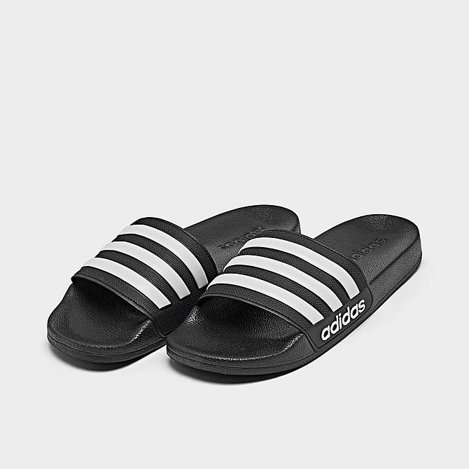 Three Quarter view of Boys' Little Kids' and Big Kids' adidas Spiderman adilette Shower Slide Sandals in Core Black/Cloud White Click to zoom