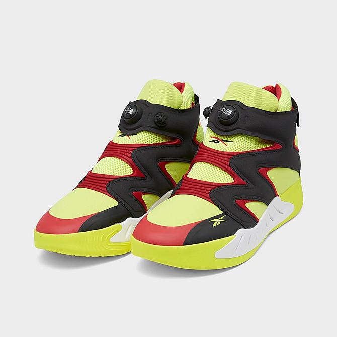 Three Quarter view of Men's Reebok Instapump Fury Zone Basketball Shoes in Acid Yellow/Black/Vector Red Click to zoom