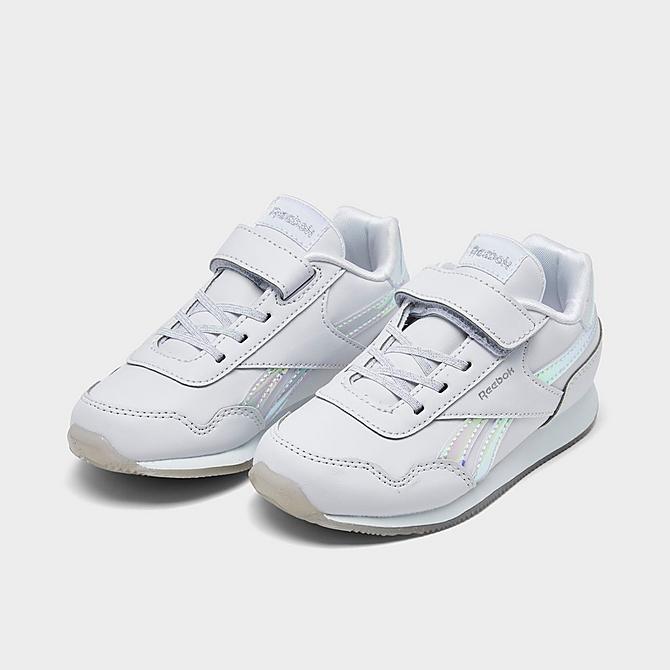 Three Quarter view of Girls' Toddler Reebok Royal Classic Jogger 3 Casual Shoes in Cloud White/Cloud White/Silver Metallic Click to zoom