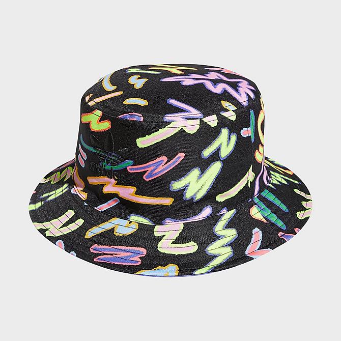 [angle] view of adidas Originals Pride Reversible Bucket Hat in Black/Purple Click to zoom