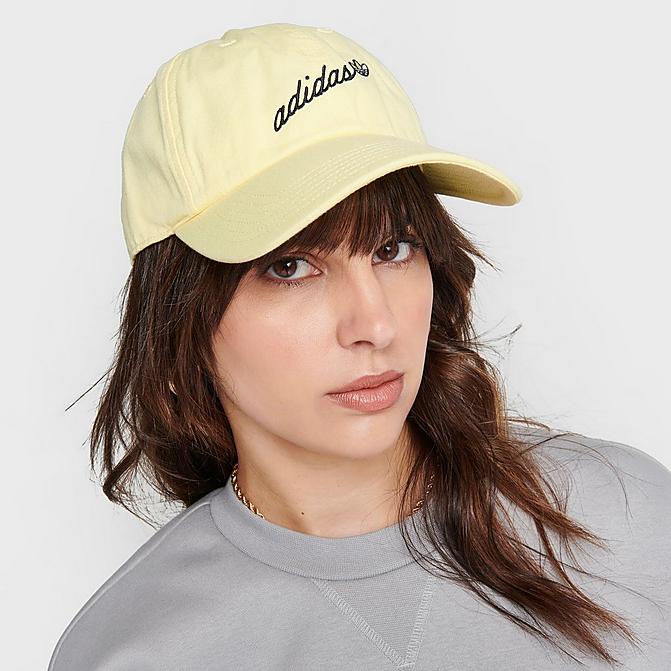 Right view of Women's adidas Originals Script Strapback Hat in Yellow/Black Click to zoom