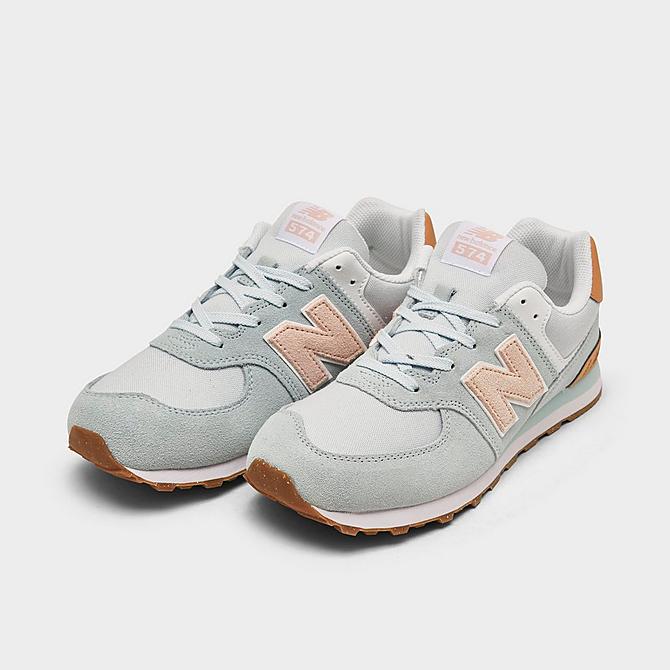 Three Quarter view of Girls' Big Kids' New Balance 574 Casual Shoes in Spring Tide/Ocean Haze Click to zoom