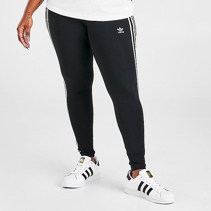 Front Three Quarter view of Women's adidas Originals 3-Stripes Leggings (Plus Size) in Black/White Click to zoom