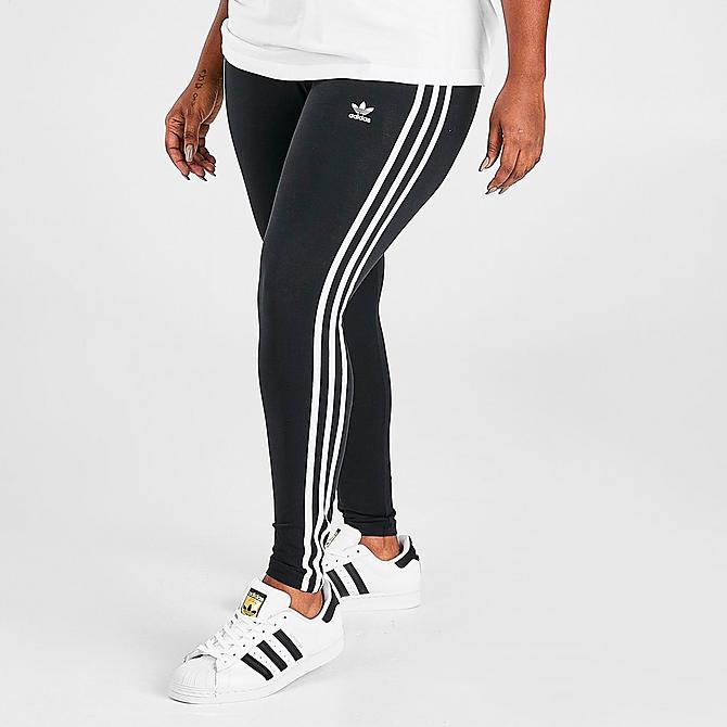 Back Left view of Women's adidas Originals 3-Stripes Leggings (Plus Size) in Black/White Click to zoom