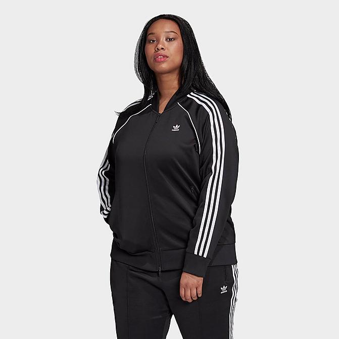 Front view of Women's adidas Originals Primeblue SST Track Jacket (Plus Size) in Black/White Click to zoom