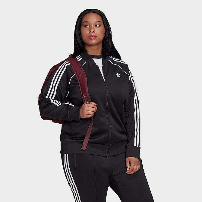 Back Right view of Women's adidas Originals Primeblue SST Track Jacket (Plus Size) in Black/White Click to zoom