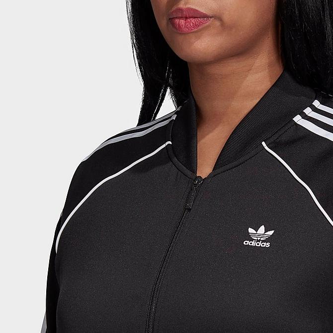 On Model 5 view of Women's adidas Originals Primeblue SST Track Jacket (Plus Size) in Black/White Click to zoom