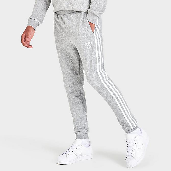 Front view of Kids' adidas Originals 3-Stripes Jogger Pants in Medium Grey Heather/White Click to zoom