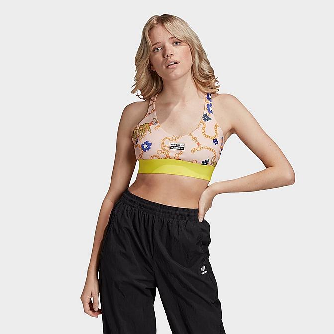 Front view of Women's adidas Originals Stacked Logo Low-Impact Sports Bra in Multi Print Click to zoom