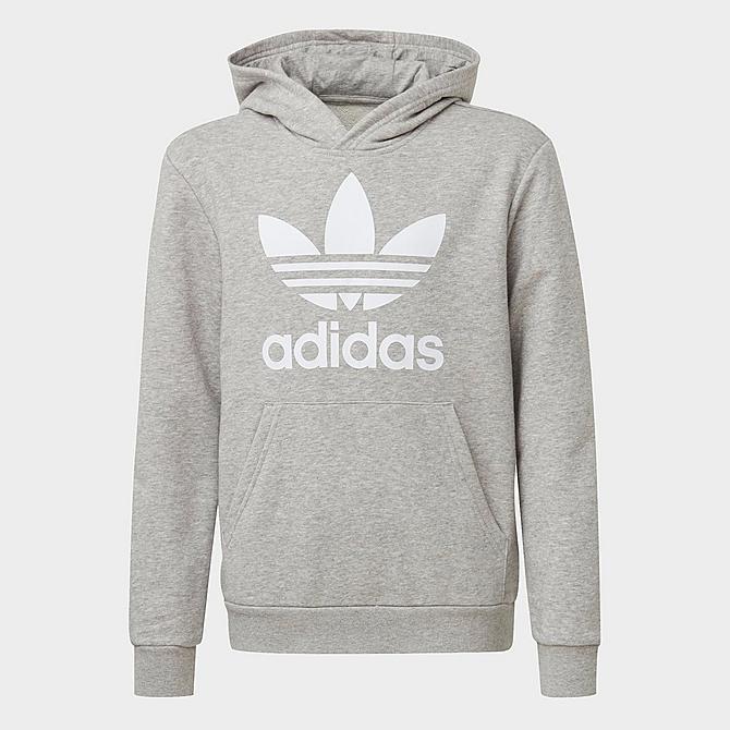 Back Left view of Kids' adidas Originals Trefoil Pullover Hoodie in Medium Grey Heather/White Click to zoom