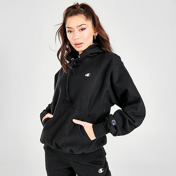 Front view of Women's Champion Life Boyfriend Reverse Weave Hoodie in Black Click to zoom