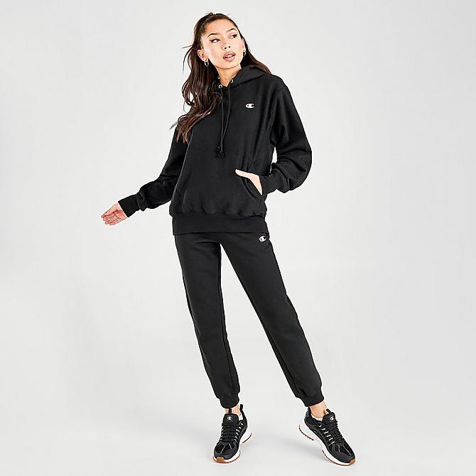 Front Three Quarter view of Women's Champion Life Boyfriend Reverse Weave Hoodie in Black Click to zoom
