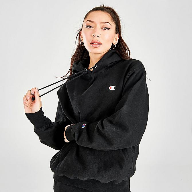Back Left view of Women's Champion Life Boyfriend Reverse Weave Hoodie in Black Click to zoom