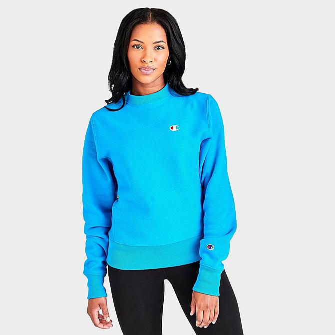 Front view of Women's Champion Reverse Weave Crewneck Sweatshirt in Blue Click to zoom