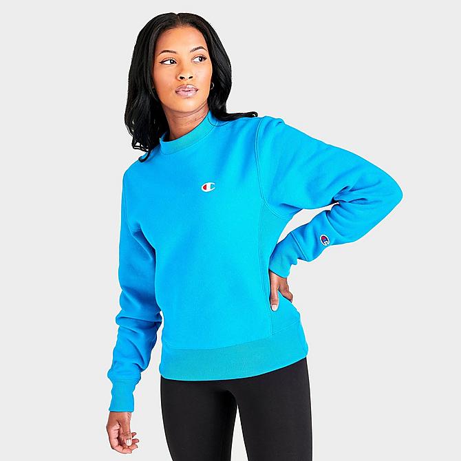 Back Left view of Women's Champion Reverse Weave Crewneck Sweatshirt in Blue Click to zoom