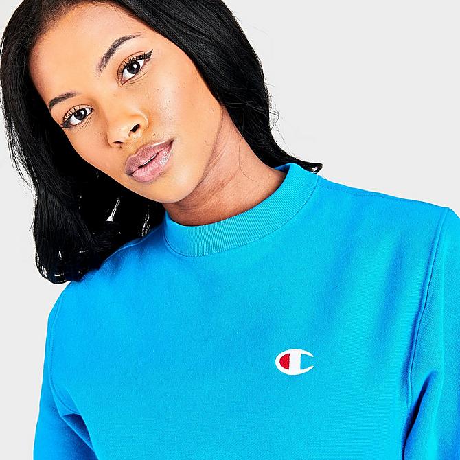 On Model 5 view of Women's Champion Reverse Weave Crewneck Sweatshirt in Blue Click to zoom