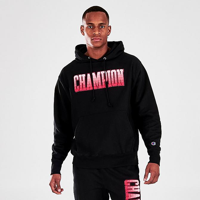 Front view of Men's Champion Reverse Weave Graphic Print Pullover Hoodie in Black Click to zoom