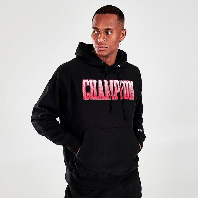 Back Left view of Men's Champion Reverse Weave Graphic Print Pullover Hoodie in Black Click to zoom