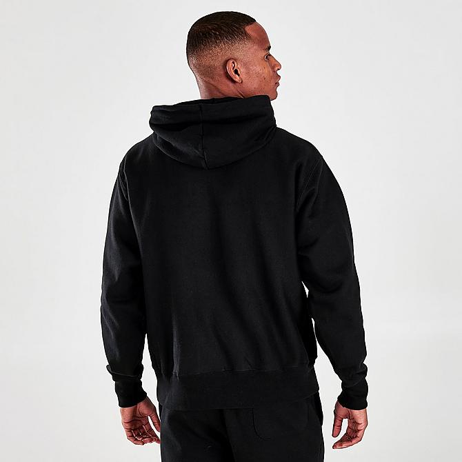Back Right view of Men's Champion Reverse Weave Graphic Print Pullover Hoodie in Black Click to zoom