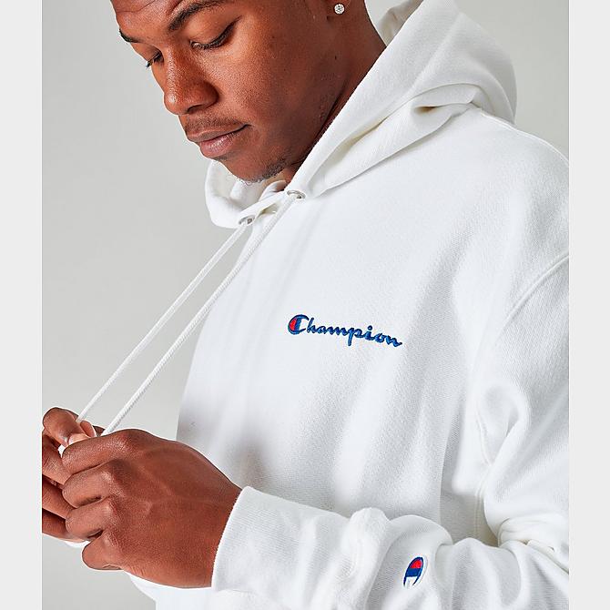 Detail 1 view of Men's Champion Reverse Weave Embroidered Logo Hoodie in White Click to zoom