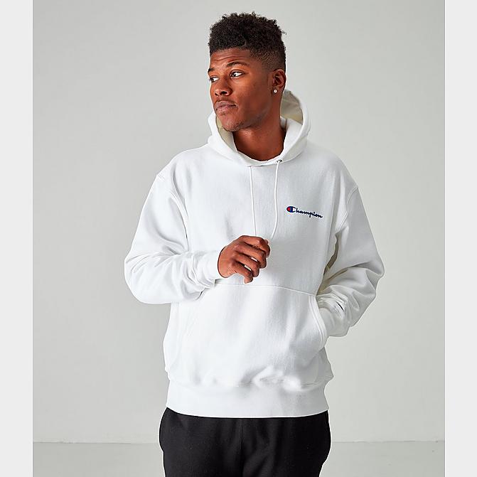 Front view of Men's Champion Reverse Weave Embroidered Logo Hoodie in White Click to zoom