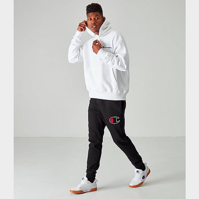 Front Three Quarter view of Men's Champion Reverse Weave Embroidered Logo Hoodie in White Click to zoom