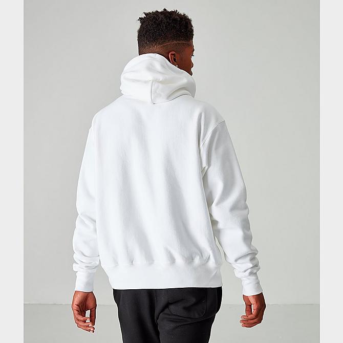 Back Left view of Men's Champion Reverse Weave Embroidered Logo Hoodie in White Click to zoom