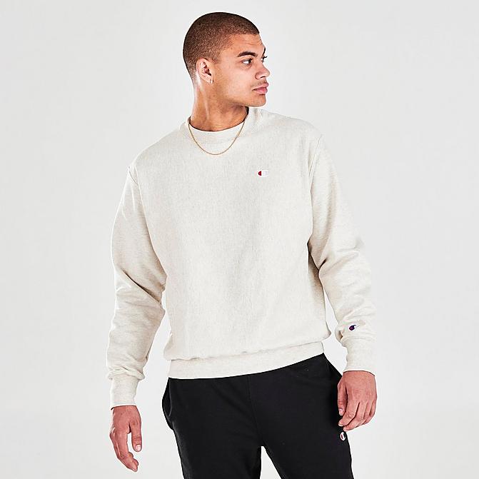 Front view of Men's Champion Reverse Weave Crewneck Sweatshirt in Oatmeal Click to zoom