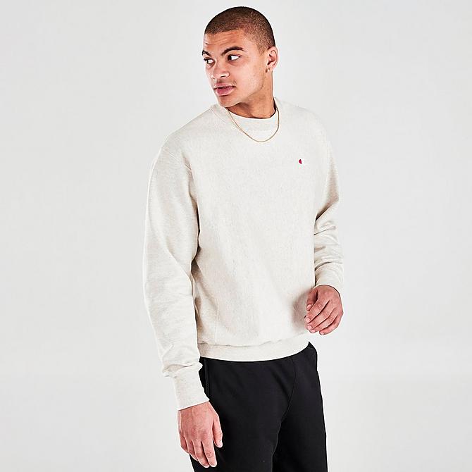 Back Left view of Men's Champion Reverse Weave Crewneck Sweatshirt in Oatmeal Click to zoom