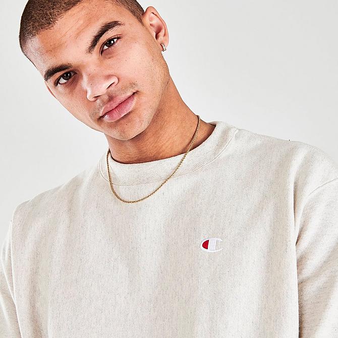 On Model 5 view of Men's Champion Reverse Weave Crewneck Sweatshirt in Oatmeal Click to zoom