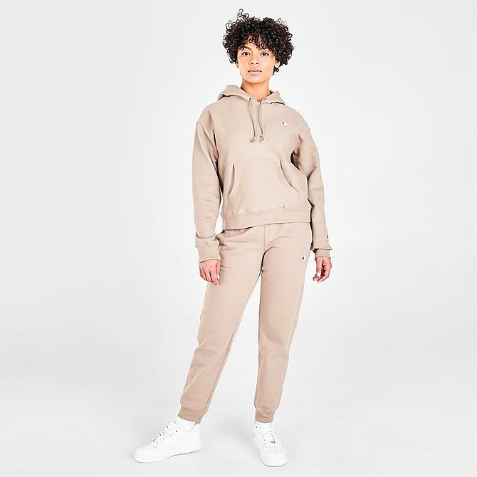Front Three Quarter view of Women's Champion Life Reverse Weave Pullover Hoodie in Dark Khaki Click to zoom