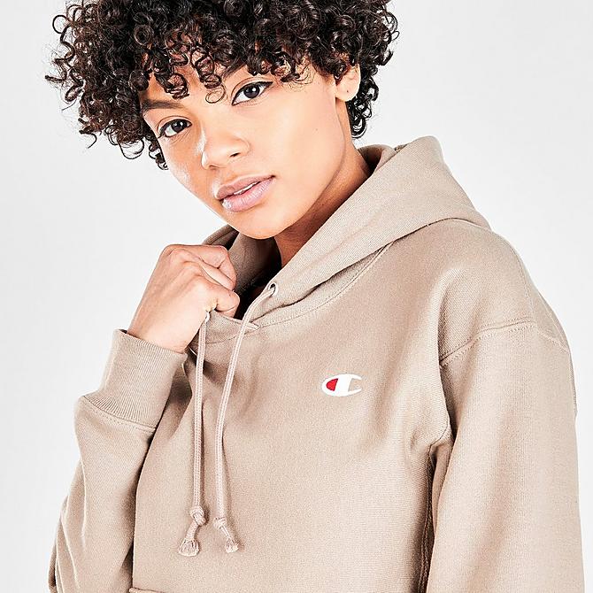 On Model 5 view of Women's Champion Life Reverse Weave Pullover Hoodie in Dark Khaki Click to zoom