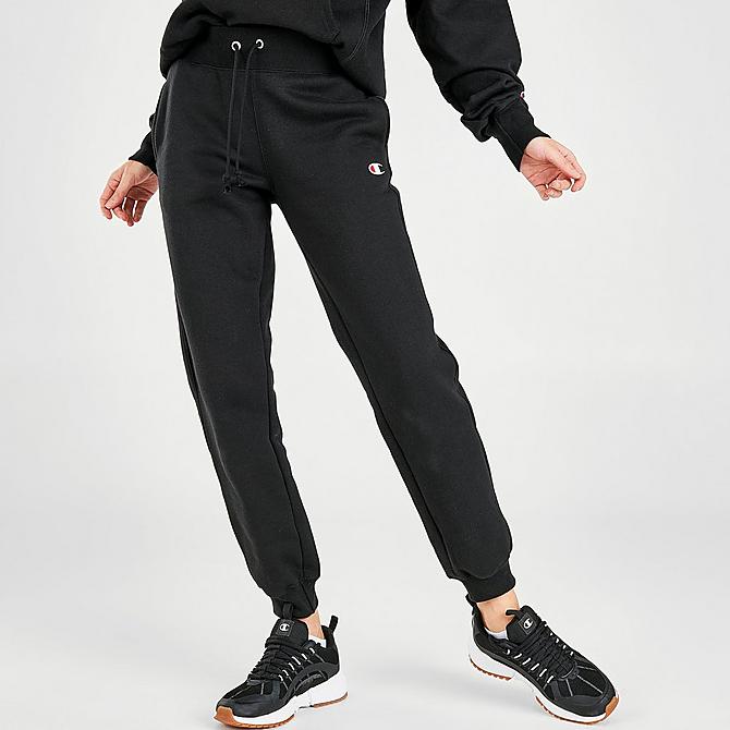 Front Three Quarter view of Women's Champion Reverse Weave Jogger Sweatpants in Black Click to zoom