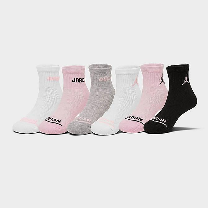 Front view of Girls' Jordan Cushioned Ankle Socks (6-Pack) in Pink Foam/White/Grey Click to zoom