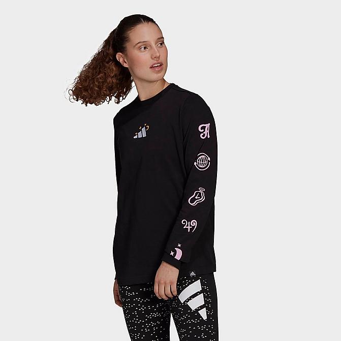 Front view of Women's adidas Palm Reader Graphic Long Sleeve T-Shirt in Black Click to zoom