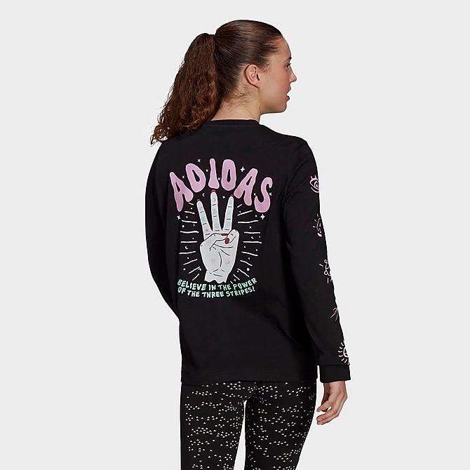 Back Left view of Women's adidas Palm Reader Graphic Long Sleeve T-Shirt in Black Click to zoom