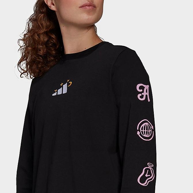 Back Right view of Women's adidas Palm Reader Graphic Long Sleeve T-Shirt in Black Click to zoom