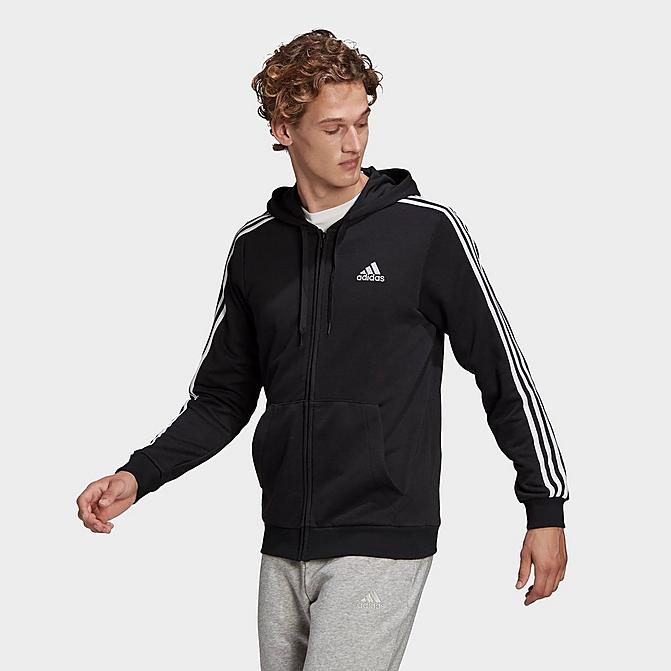Front view of Men's adidas Essentials French Terry 3-Stripes Full Zip Hoodie in Black/White Click to zoom