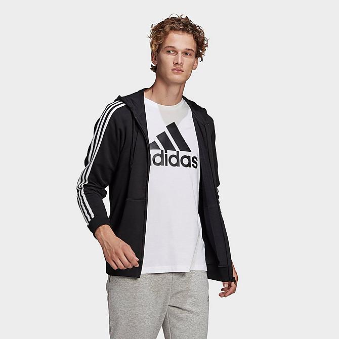 Back Left view of Men's adidas Essentials French Terry 3-Stripes Full Zip Hoodie in Black/White Click to zoom