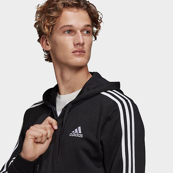 Back Right view of Men's adidas Essentials French Terry 3-Stripes Full Zip Hoodie in Black/White Click to zoom