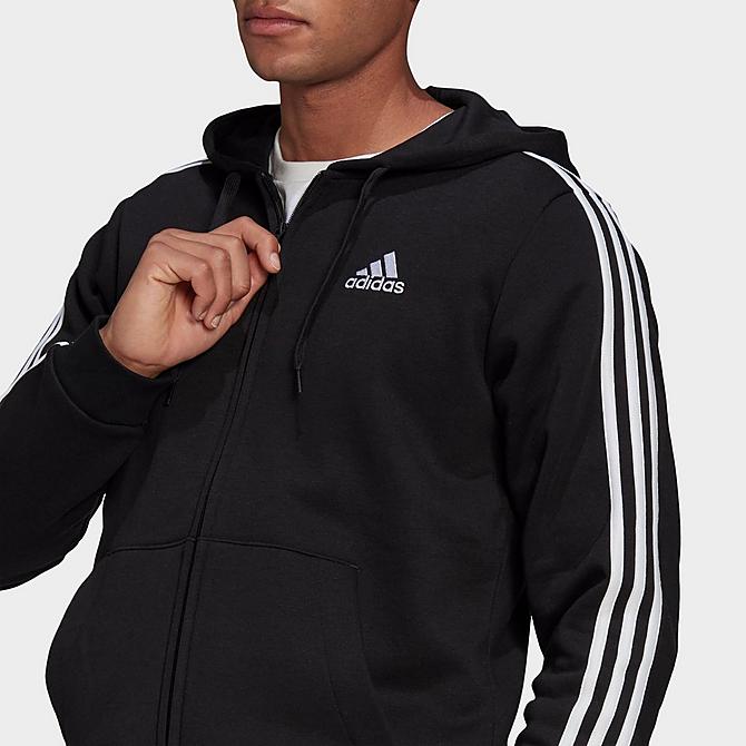 Back Right view of Men's adidas Essentials Fleece 3-Stripes Full Zip Hoodie in Black Click to zoom