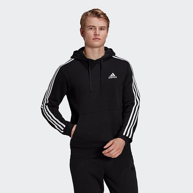 Front view of Men's adidas Essentials Fleece 3-Stripes Hoodie in Black/White Click to zoom