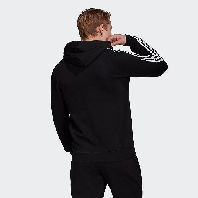 Front Three Quarter view of Men's adidas Essentials Fleece 3-Stripes Hoodie in Black/White Click to zoom