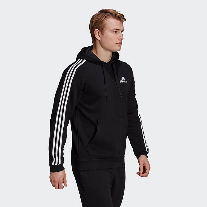Back Left view of Men's adidas Essentials Fleece 3-Stripes Hoodie in Black/White Click to zoom