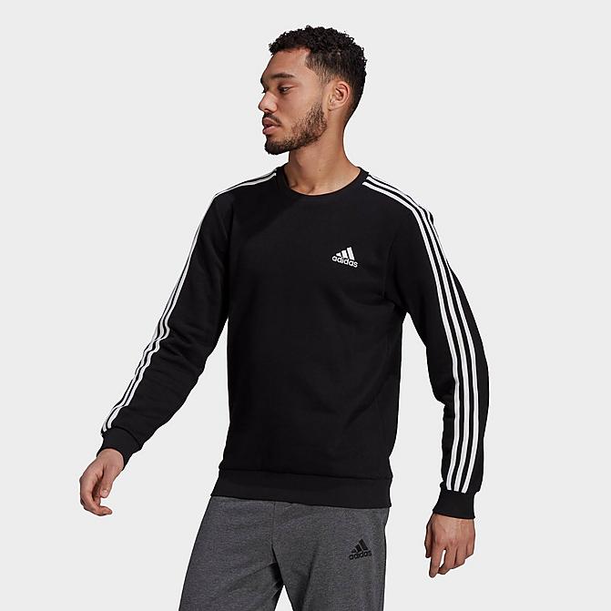 Front view of Men's adidas Essentials Fleece 3-Stripes Sweatshirt in Medium Grey Heather/Black Click to zoom
