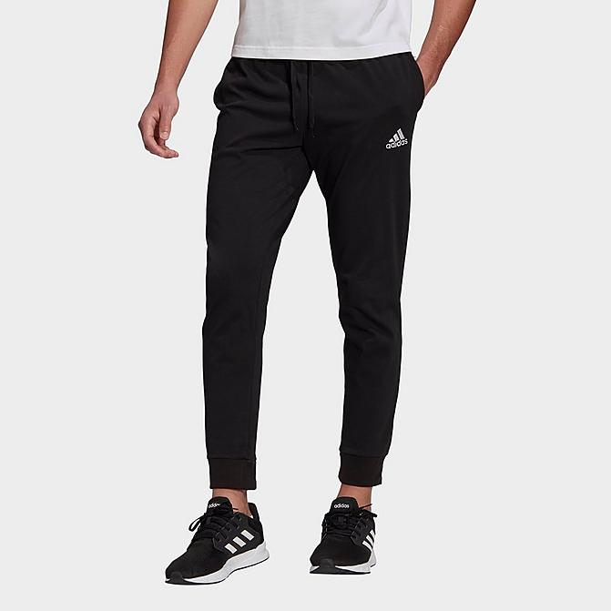 Front view of Men's adidas Essentials Single Jersey Jogger Pants in Black Click to zoom
