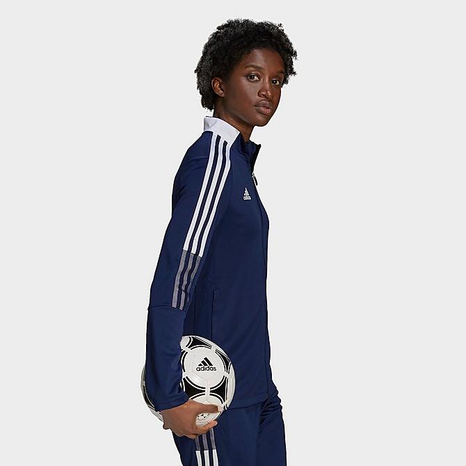 Front Three Quarter view of Women's adidas Tiro 21 Track Jacket in Team Navy Blue Click to zoom